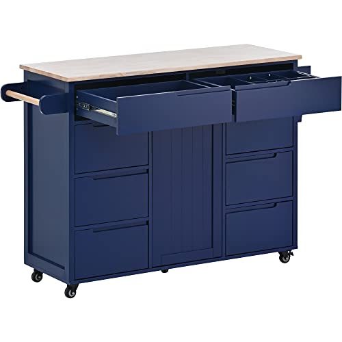 53" Mobile Kitchen Storage Islands with 8 Handle-Free Drawers Including a Flatware Organizer, Rolling Kitchen Island Cart with Storage Cabinet, Modern Kitchen Island Cart with Rubber Wood Top, White