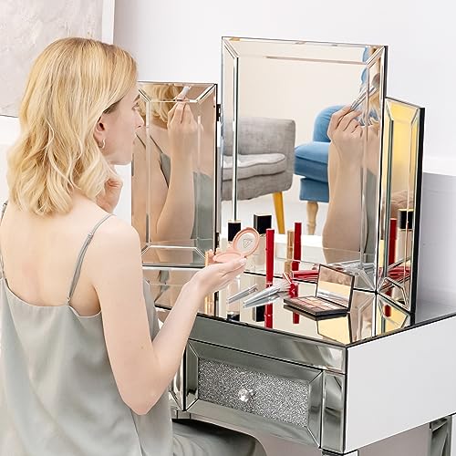 Mirrored Vanity Dressing Table Set Mirrored Makeup Desk Luxury Silver Stool Padded Beach Glass Console Table Modern Table with 2 Drawer Storage