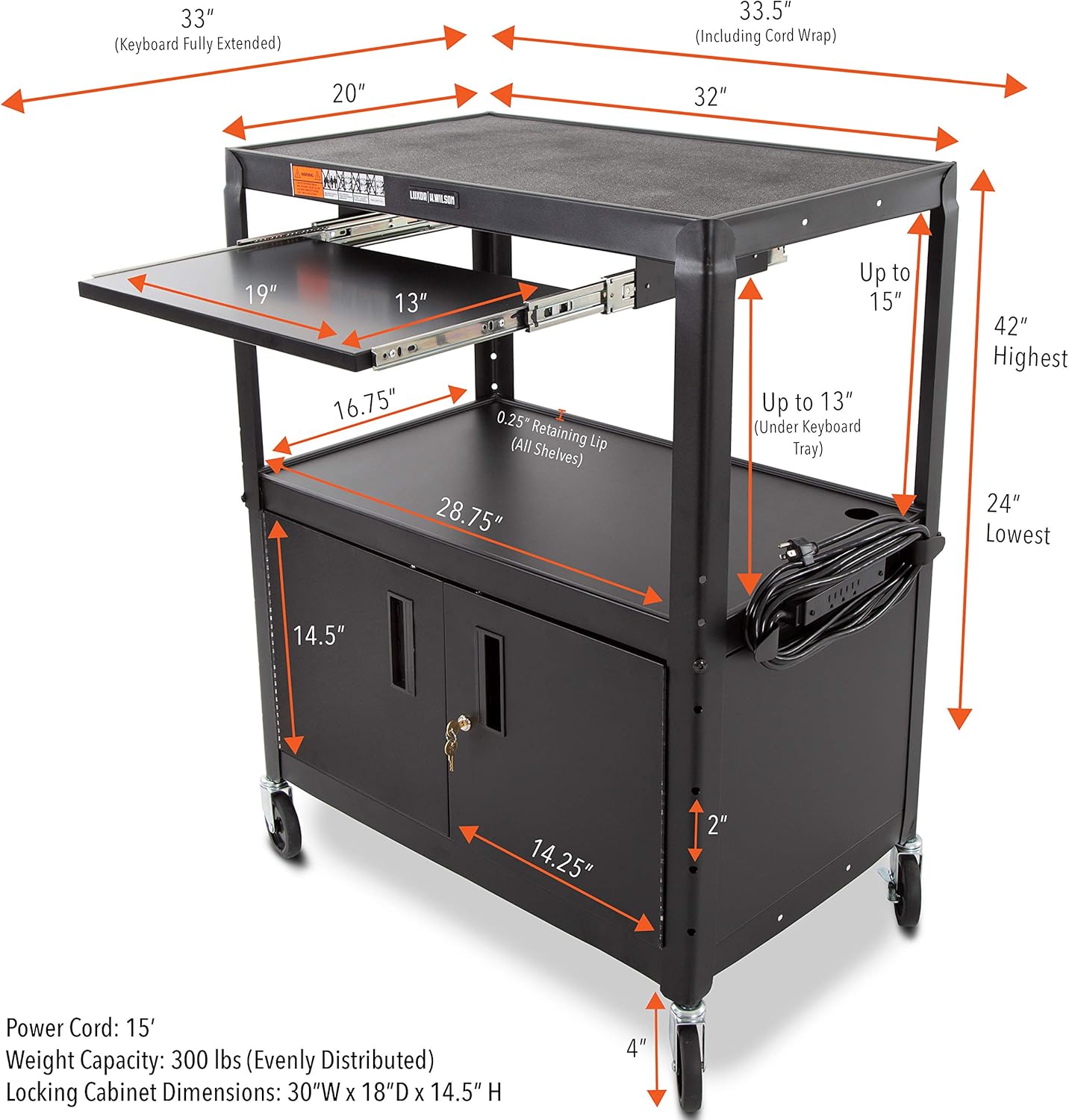 Line Leader Large AV Cart with Locking Cabinet | Height Adjustable Utility Cart | Includes Pullout Keyboard Tray & Cord Management | Easy Assembly (32in x 18in x 42in / Black)