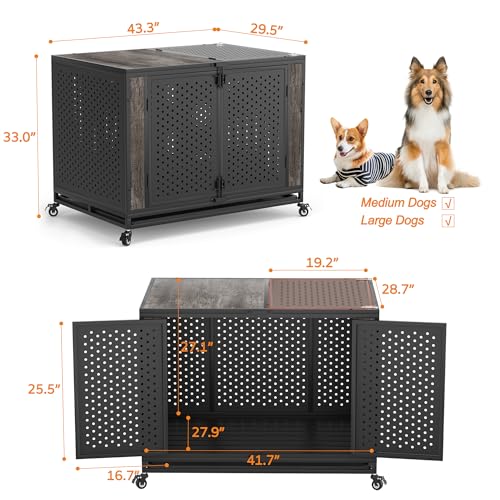 48" Heavy Duty Dog Crate Furniture for Extra Large Dogs, Enclosed Design with 0.5 inch Holes, Indestructible Metal Kennel for High Anxiety Dogs, Chew Proof Pet Cage House Indoor, Brown