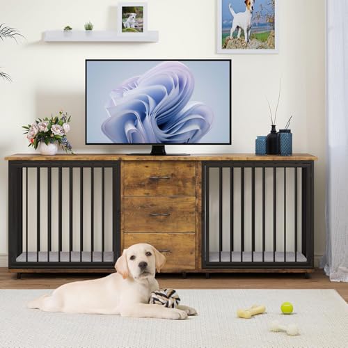 YITAHOME 74" Double Dog Crate Furniture with 2 Feeder Bowls, Wooden Dog Kennel TV Stand with Room Divider for 2 Large Medium Small Dogs, Walnut White