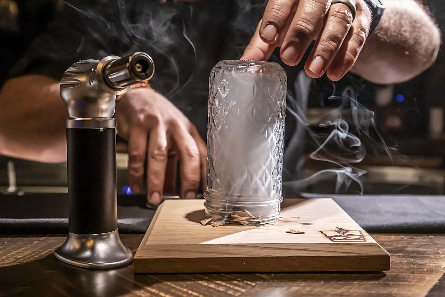 Smoked Cocktail Kit. The only Complete 7 Piece Home Bartender Kit with Carrying case and Torch Included! Handcrafted White Oak Smoking Board with 3 Different Wood Chips Including Mason jar and case.