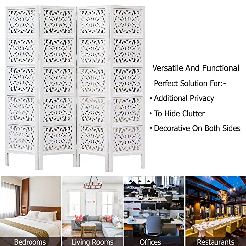 Room Divider Wood Screen - Ghanti Bells Antique Brown - 4 Panel Folding 72 x 80 - Assembled Hand Carved Decorative Functional Versatile Portable Partition Reversible Privacy Boho - COTTON CRAFT