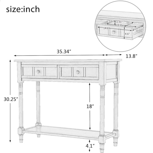 Narrow Console Table with 2 Drawers and Storage Shelf, 35.34" L Retro Sofa Table 2-Tier Wood Entryway Table with Storage for EntryWay, Hallway, Couch, Living Room, Kitchen,Ivory