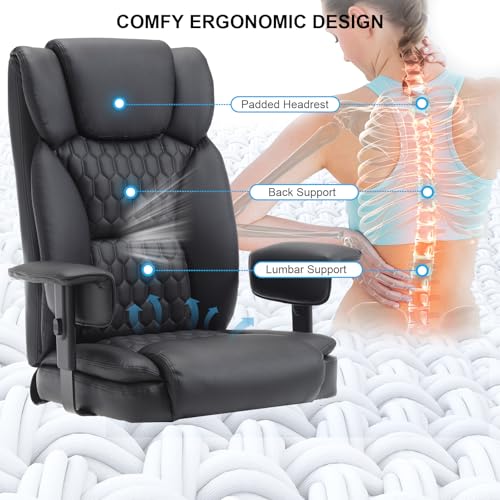 Big and Tall Office Chair 400LBS with Wide Seat High Back Ergonomic Executive Reclining Office Chair with Footrest Leather Computer Gaming Desk Swivel Chair with Wheels,Armrest, Lumbar Support,Beige