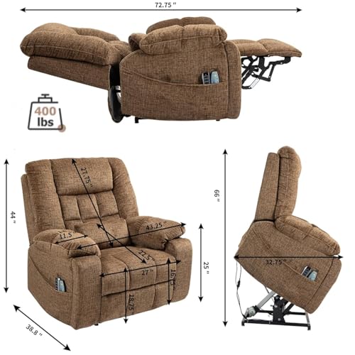 Light Grey Recliner Chair for Elderly | Tall and Big Man 400lbs | Chenille | Power Lift, Lay Flat, Stand Up, Wireless Charging Device, Extended Footrest, Massage Heat, Cup Holder, Lumbar Pillow
