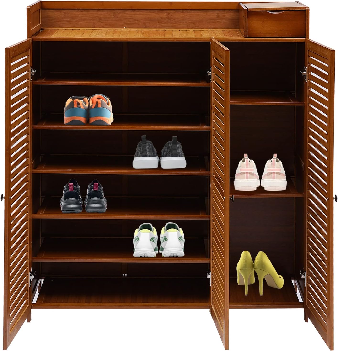 7-Tier Shoe Storage Rack with 3 Doors, Bamboo Rack Organizer Cabinet Wood Freestanding Shoe Storage Cabinet for Entryway Hallway Closet, 38.6" L×12.6" W×45.3" H
