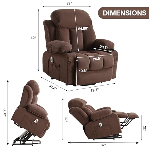 Electric Power Lift Recliner Chair - Reclining Chairs with Massage and Heat for Elderly, Boy Lazy Electric Recliner Chairs for Adults with Side Pockets, USB Charge Port, Remote Control (Velvet, Grey)