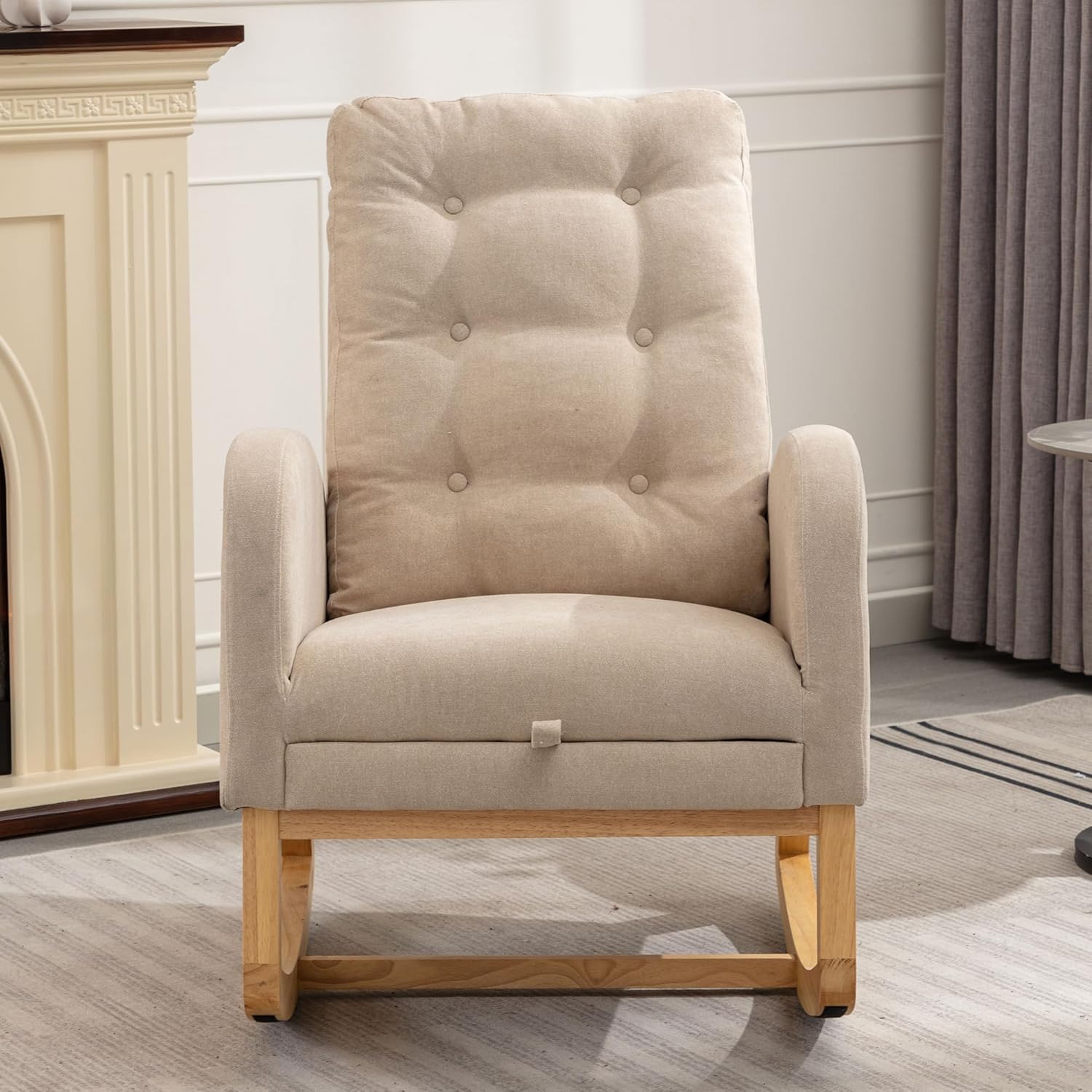 Rocking Chair Set of 1, Upholstered Glider Rocker with High Backrest Armchair, for Living, Bedroom, Nursery Room, Beige