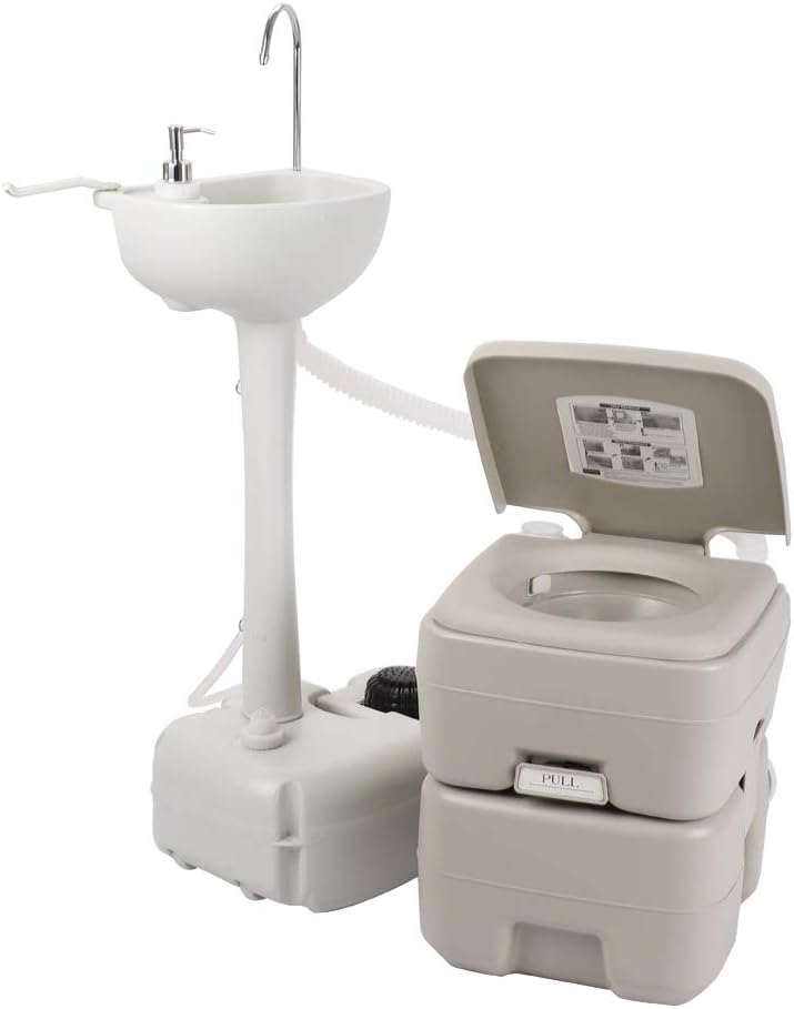 Upgraded Portable Sink and Toilet Combo| Self-contained 5 Gal Hand Washing Station & 5 Gal Flushing Toilet, Perfect for Camping/RV/Boat/Road Tripper/Camper, Detachable & Lightweight Removable, Compact