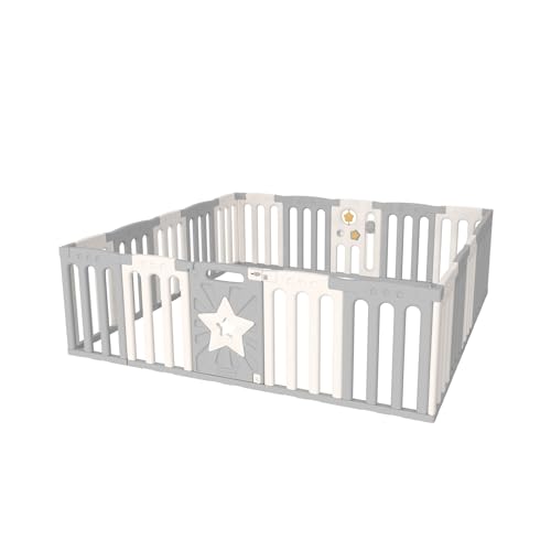Baby Playpen, Safety Baby Gate Playpen for Babies and Toddlers Sturdy and Immovable Baby Fence Play Area Activity Center Portable Design for Indoor Outdoor (Grey+White+Star 16 Panel)