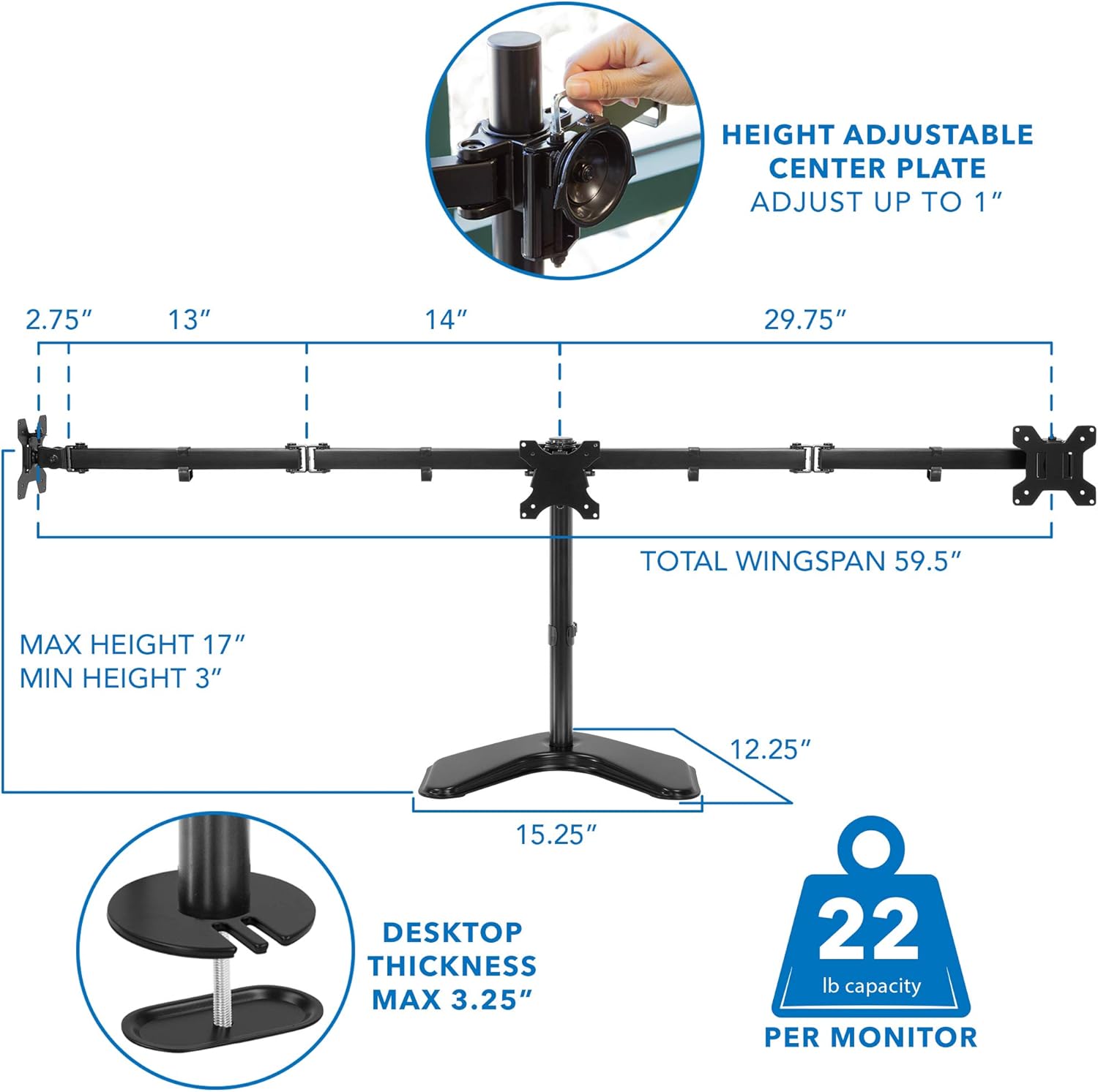 Mount-It! Triple Monitor Stand - Freestanding Computer Desk Mount Fits Up to 27 Inch Monitors, VESA 75, 100 Compatible Pack of 2
