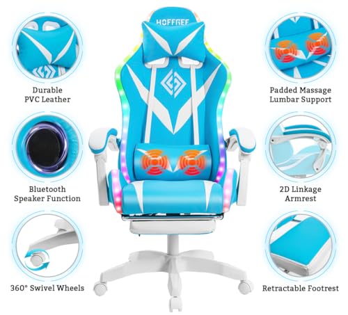 HOFFREE Gaming Chair Massage with Bluetooth Speakers and Led Lights Ergonomic Computer Gaming Chair with Footrest RGB Video Game Chair with High Back Lumbar Support Blue and Black