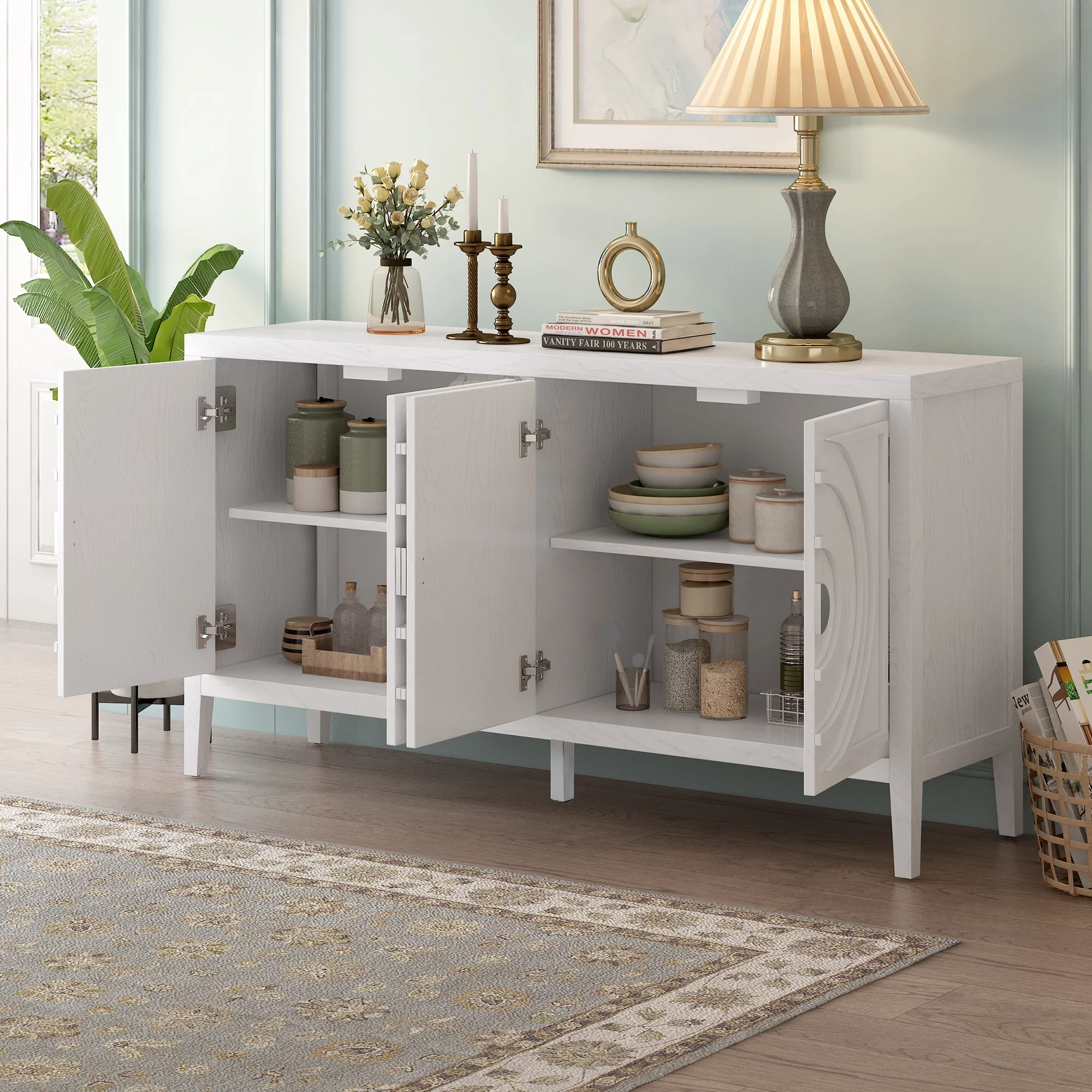 Accent Cabinet with 4 Doors, Wooden Buffet Sideboard with Adjustable Shelves, Modern Console Table, Storage Accent Cabinet for Kitchen Living Room Entryway Hallway, 60"L x 15.9"W x 32.1"H, White
