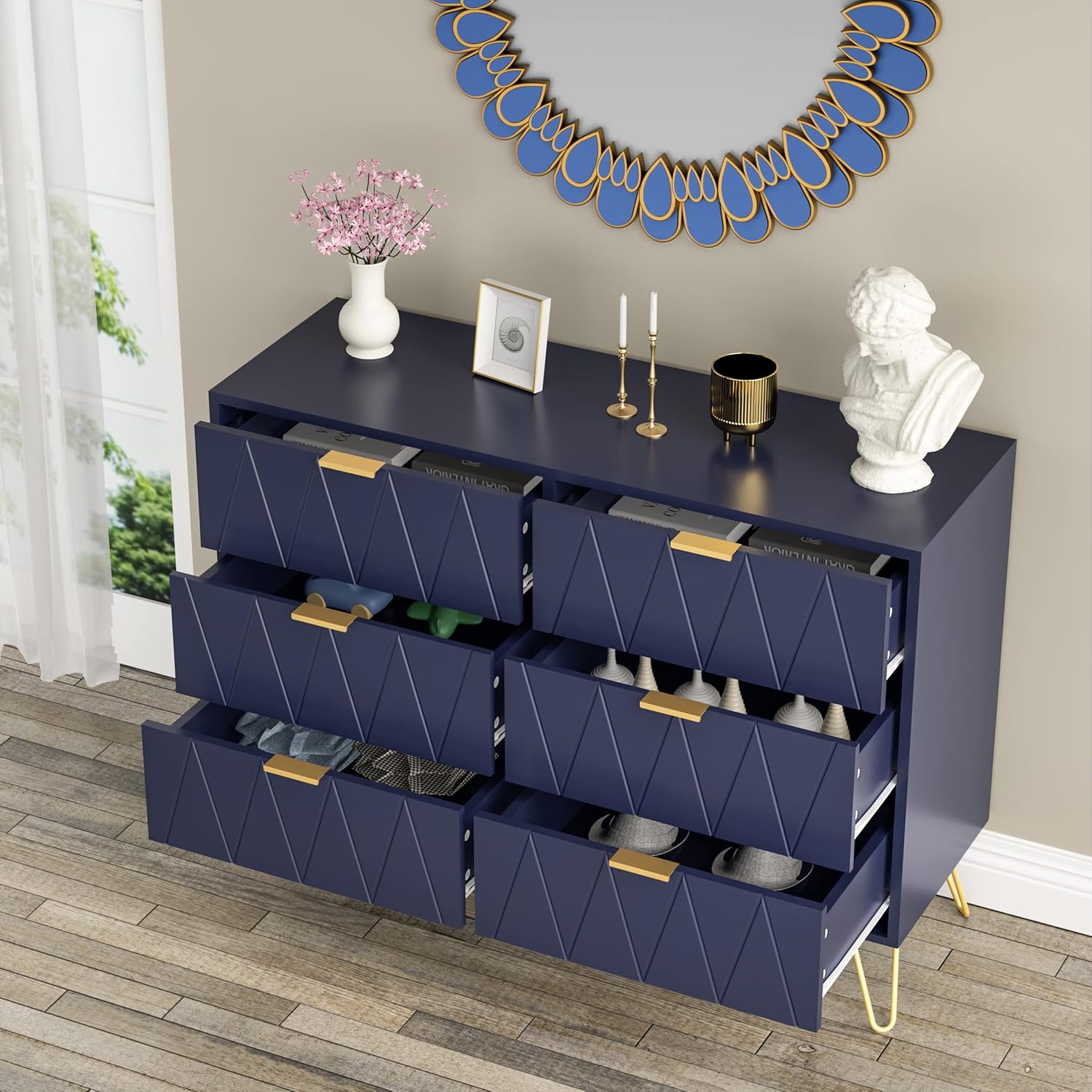 Anbuy Navy Blue 6 Drawer Dresser for Bedroom, Large Double Dresser with Wide Drawers and Gold Handles, Chest of Drawers
