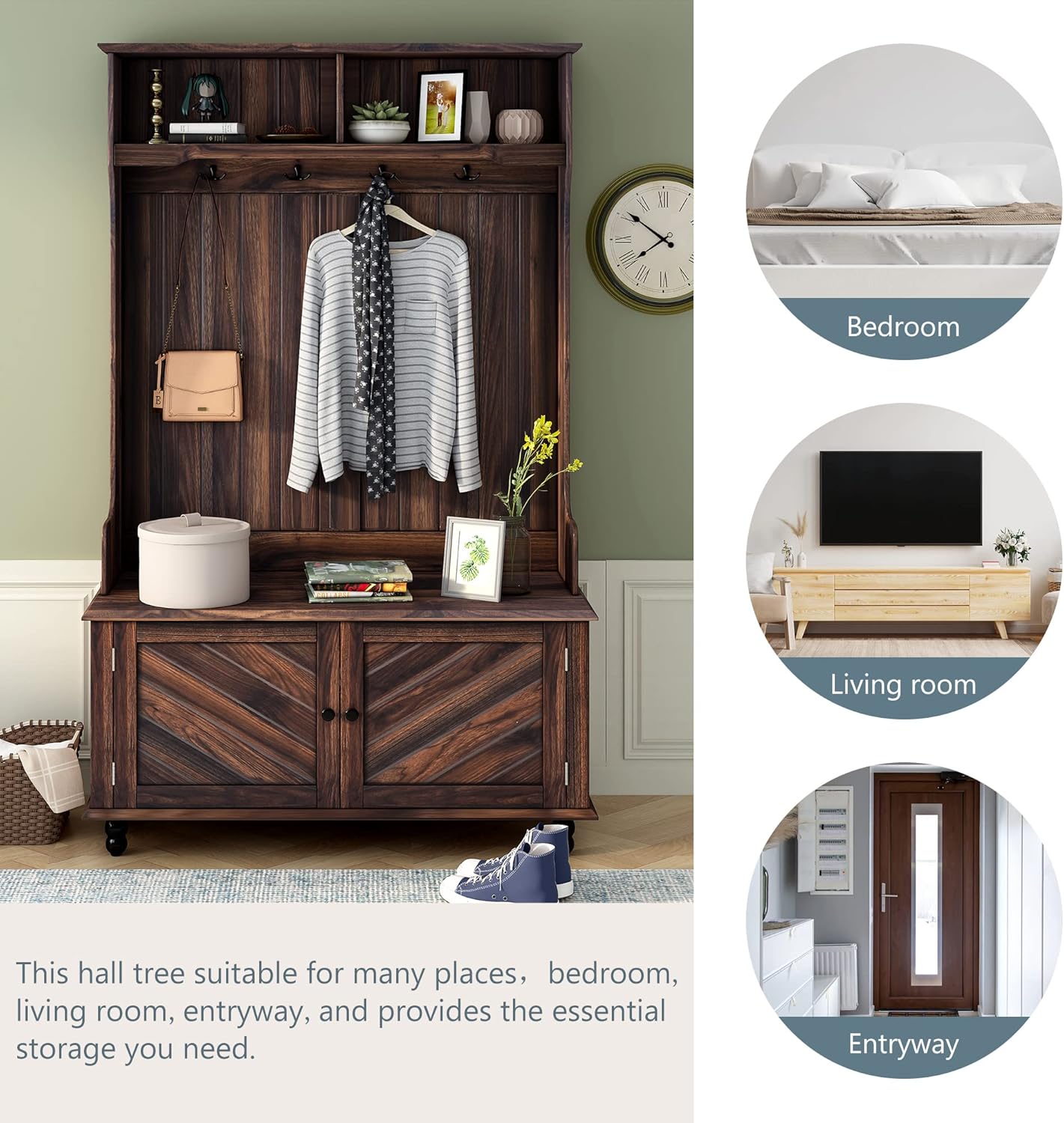 1 Hall Tree, Multifunctional Entryway Bench with 4 Hooks & Shoe Cabinet, Top Open Shelf, Solid Wood Frame and Anti-Tip Design, Ider for Hallway, Living Room, Bedroom, Brown