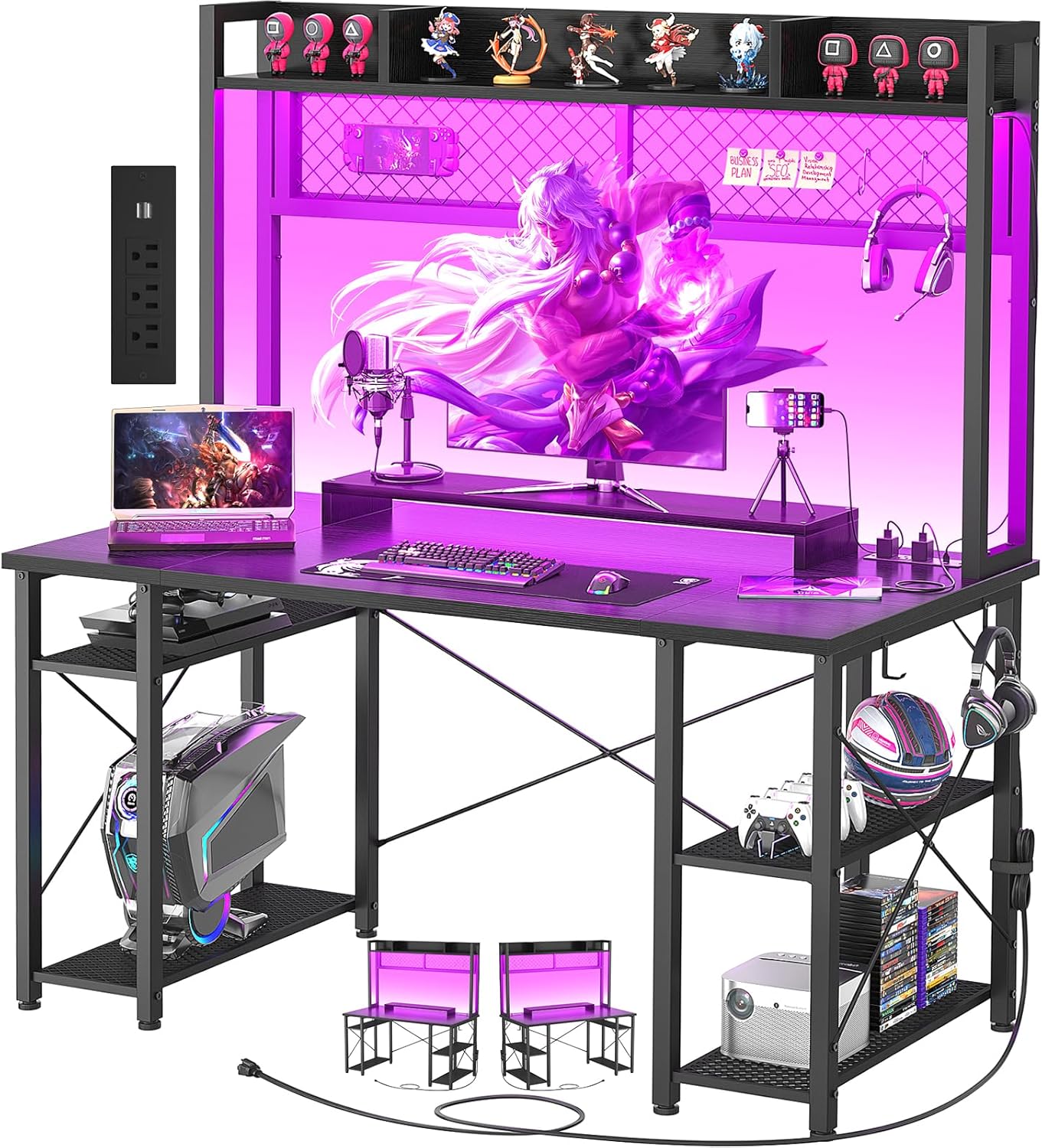Gaming Desk with Hutch - 47 Inch Computer Desk with LED Lights & Power Outlet, Home Office Writing Desk with Storage Shelf and Monitor Stand, Black