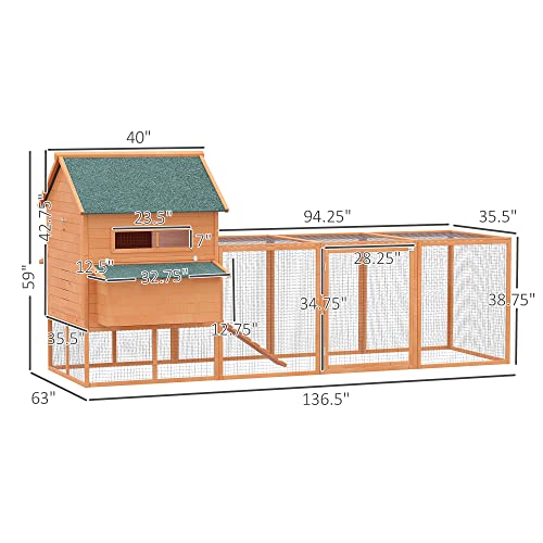 PawHut 137" Chicken Coop for 8-10 Chickens, Large Chicken House, Wooden Poultry Hen Cage with Nesting Box and Run for Backyard, Gray