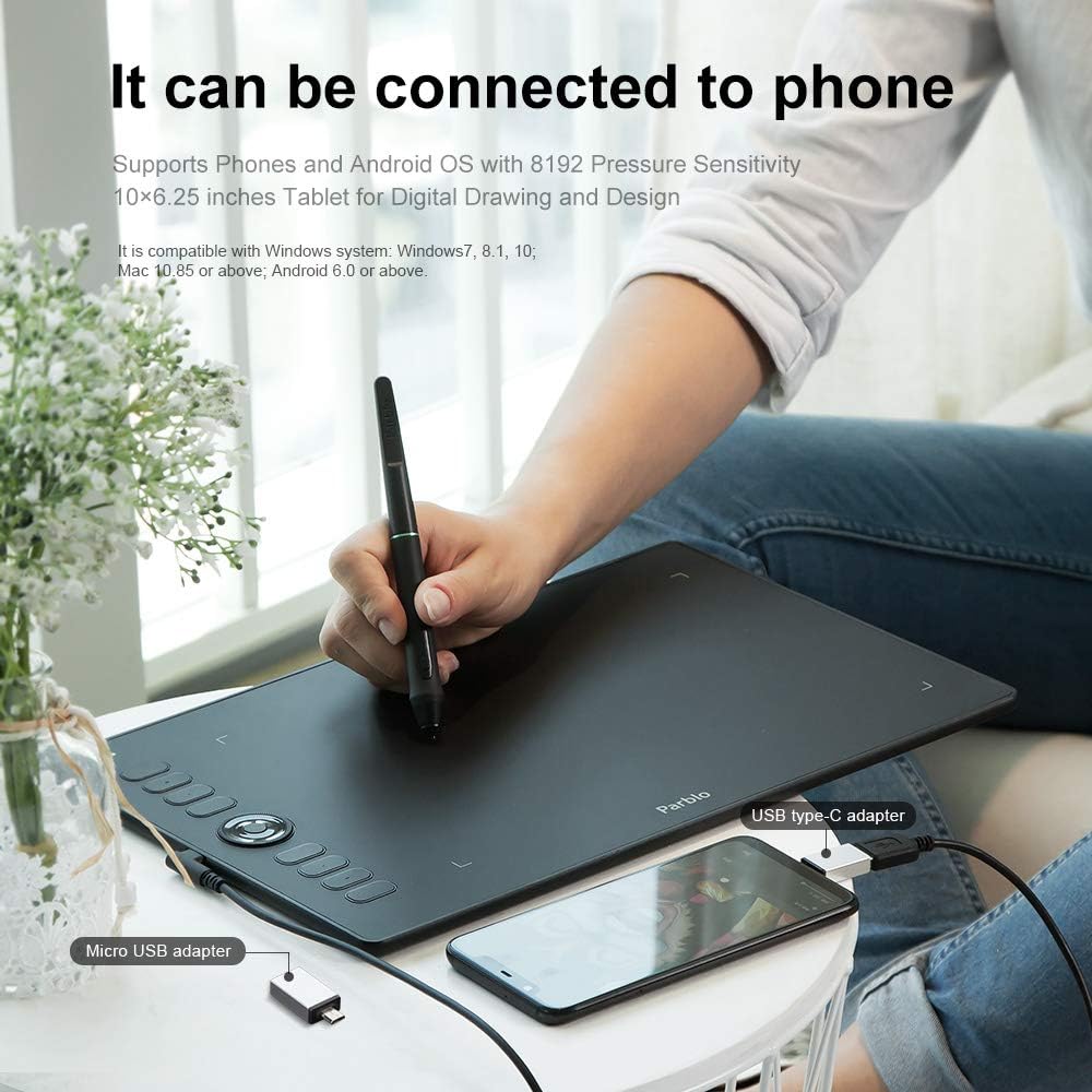 Parblo Graphics Drawing Tablet, 8192 Levels Battery-Free Stylus Art DrawingTablet with 8 Express Keys, Compatible with Chromebook and Android( A610 PRO) Pack of 2
