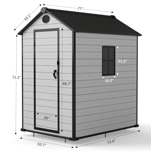 7.3 x 12 FT Shed Resin Outdoor Storage with Floor, 566 cuft Plastic Shed with Window and Lockable Door for Garden, Backyard, with Wood Texture, Grey