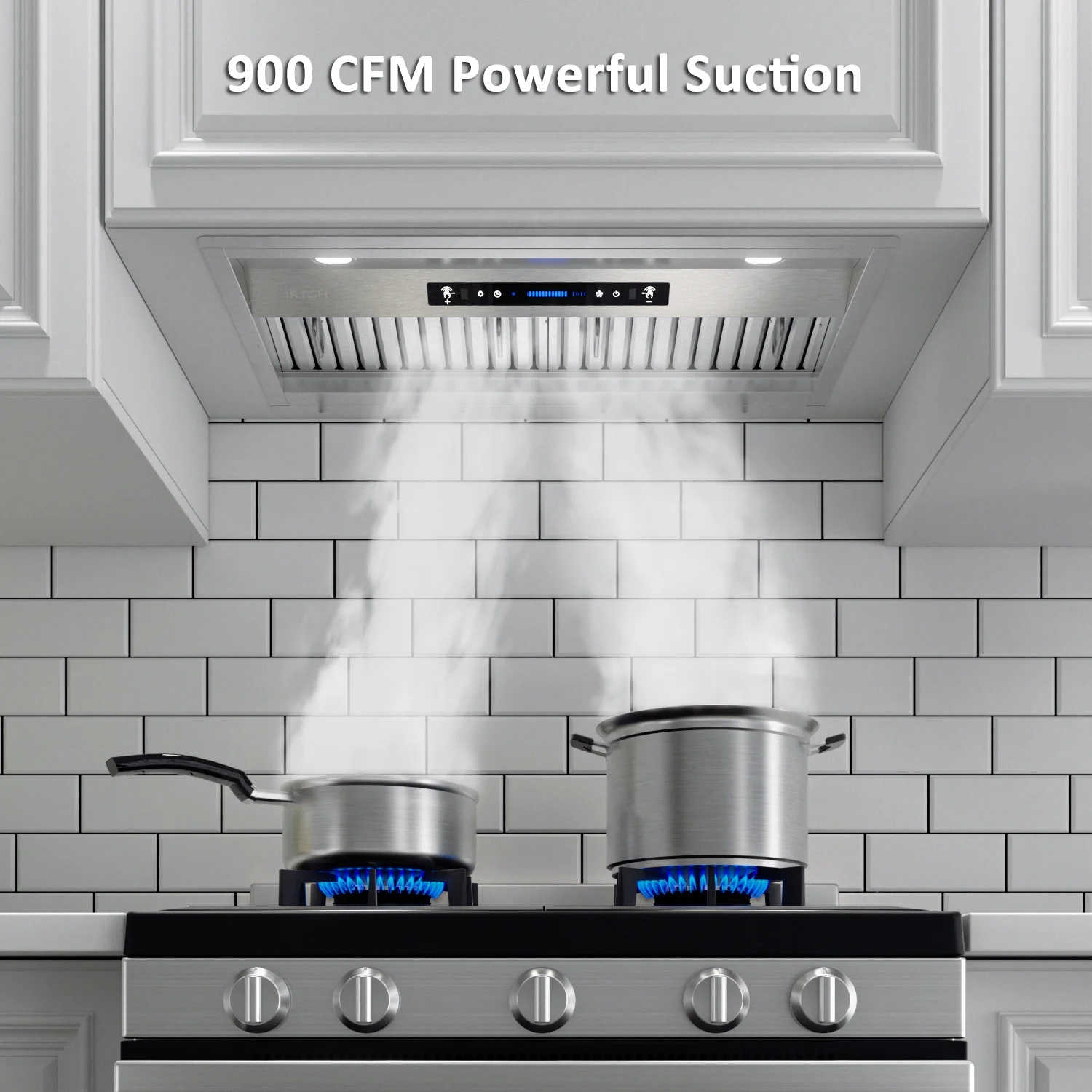 IKTCH 36 inch Built-in/Insert Range Hoods 900 CFM, Ducted/Ductless Convertible Duct, Stainless Steel Kitchen Vent Hood with 2 Pcs Adjustable Lights and 2 Pcs Baffle Filters with Handlebar