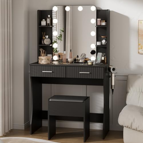 Vanity Desk with LED Lighted Mirror, Makeup Vanity with 3 Adjustable Lights, 2 Large Drawers and 4 Open Shelves, White Vanity with Storage Stool for Bedroom