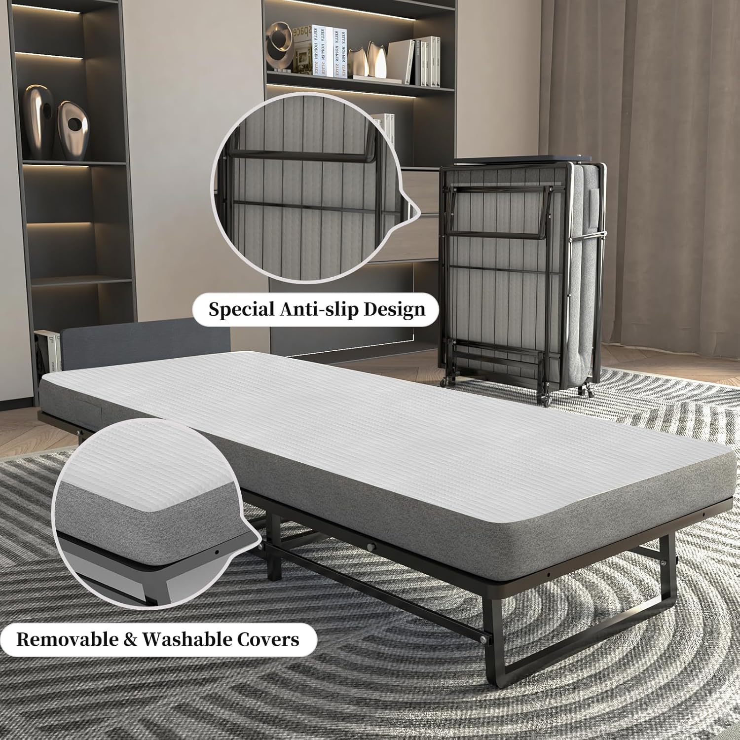 Folding Bed with 4-Inch Mattress, Metal Cot Size Rollaway Bed for Adults, Fold up Guest Bed on Wheels, 350-Pound Capacity
