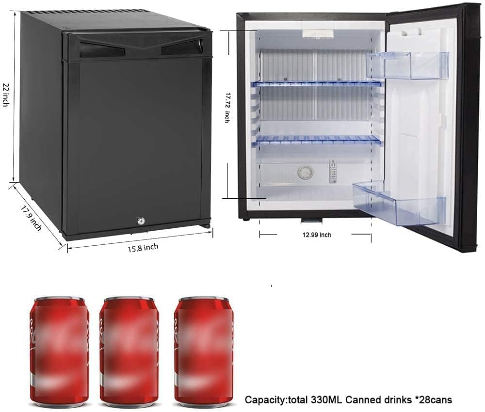 SMETA Mini Fridge No Noise: Absorption Refrigerator 12V/110V Portable for Dorm Office Truck Camper, with Lock, DC AC, 1.0 Cu.Ft, Black