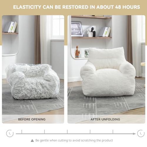 Bean Bag Chair for Adults, Giant Bean Bag Sofa Chair with Armrests, Teddy Plush Lazy Sofa Comfy Chair, Big Comfy Chair with Pocket, for Livingroom Bedroom Apartment (Ivory)