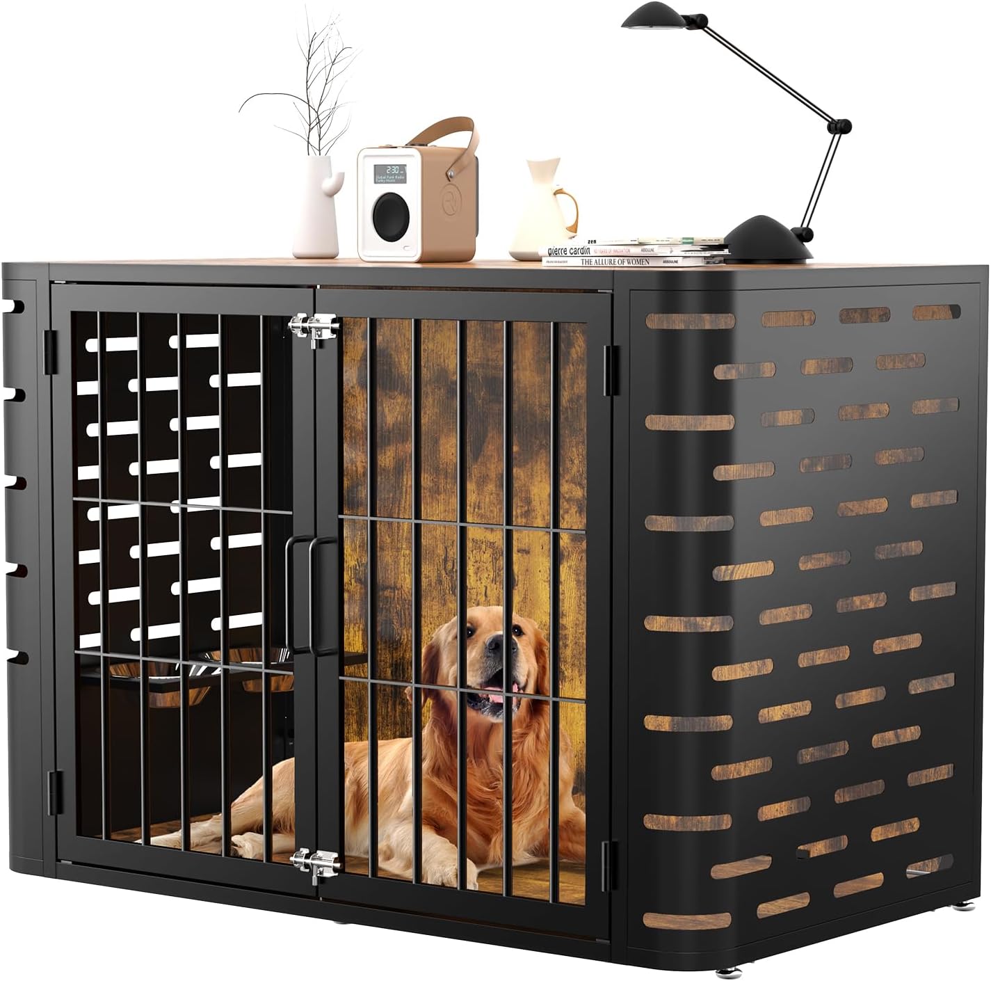 Dog Crate Furniture, 40 Inch No Screws Easy to Assemble Wooden Heavy Duty Large Dog Kennel End Table, with 360° Adjustable Bowl for Large and Medium Dogs, Chew-Resistant, Rustic Brow