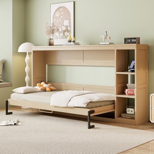 Wooden Murphy Cabinet Bed Frame with Charging Station, Full-Size Foldable Wall Bed with Large Storage Drawer for Home Apartment Limited Living Places, Space-Saving Hidden Bed No Box Spring Needed