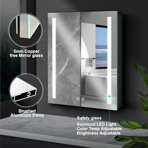 24x30 LED Mirror Medicine Cabinet Recessed or Surface, Defogger, Makeup Mirror 3X, Adjustable Color Temp & Dimmer, Outlets & USB (24x30)