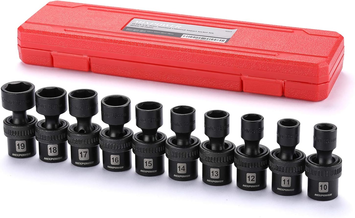 MIXPOWER 10-piece 3/8" Drive Shallow Universal Impact Socket Set, Metric,10-19mm, Swivel Socket with Flexible Wobble, CR-MO