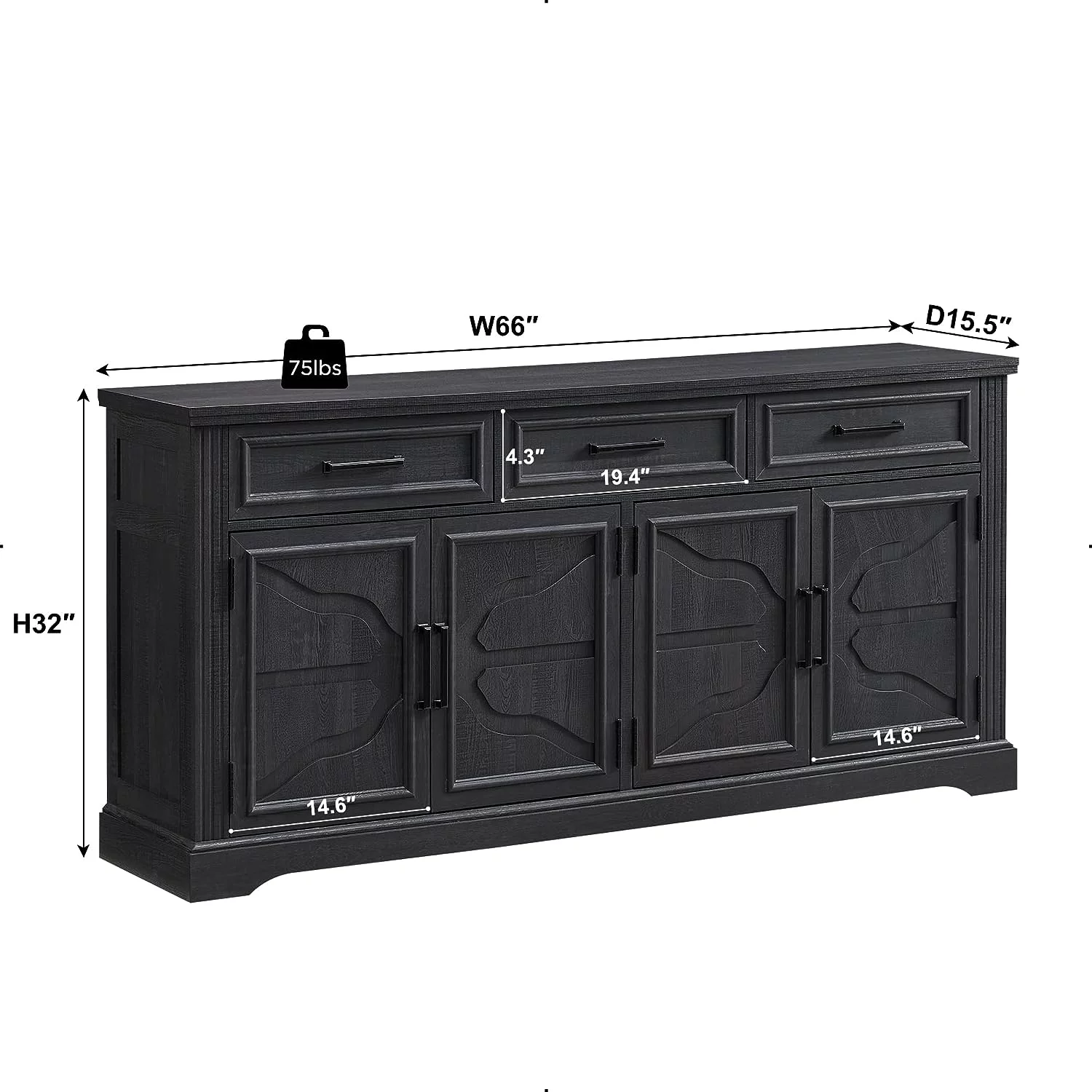 T4TREAM Farmhouse Sideboard Storage Cabinet with 3 Drawers & 4 Doors, 66'' Wide Buffet Cabinet for Dining Room, Black