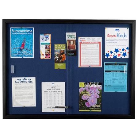 Locking Bulletin Board, 48 inch x 36 inch, Blue Fabric, Sliding Glass Doors (fbsd43bkbl), Black