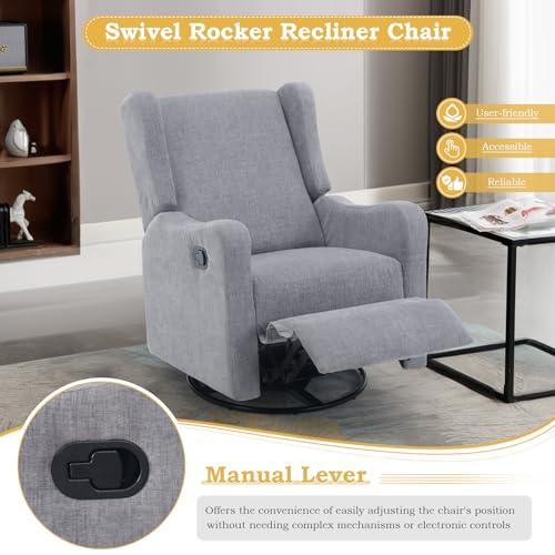 Swivel Rocking Recliner Chair for Adults, Upholstered Modern Manual Reclining Chair for Living Room, Adjustable Nursery Glider Rocker Chair, Single Lounge Sofa Recliner for Bedroom Small Spaces