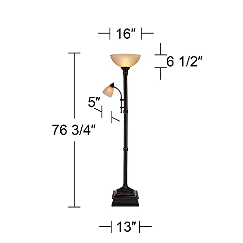 Regency Hill Garver Industrial Style Torchiere Floor Lamp with Reading Light Riser 76.75" Tall Oil Rubbed Bronze Brown Metal Amber Glass Shade Decor for Living Room House Bedroom Home