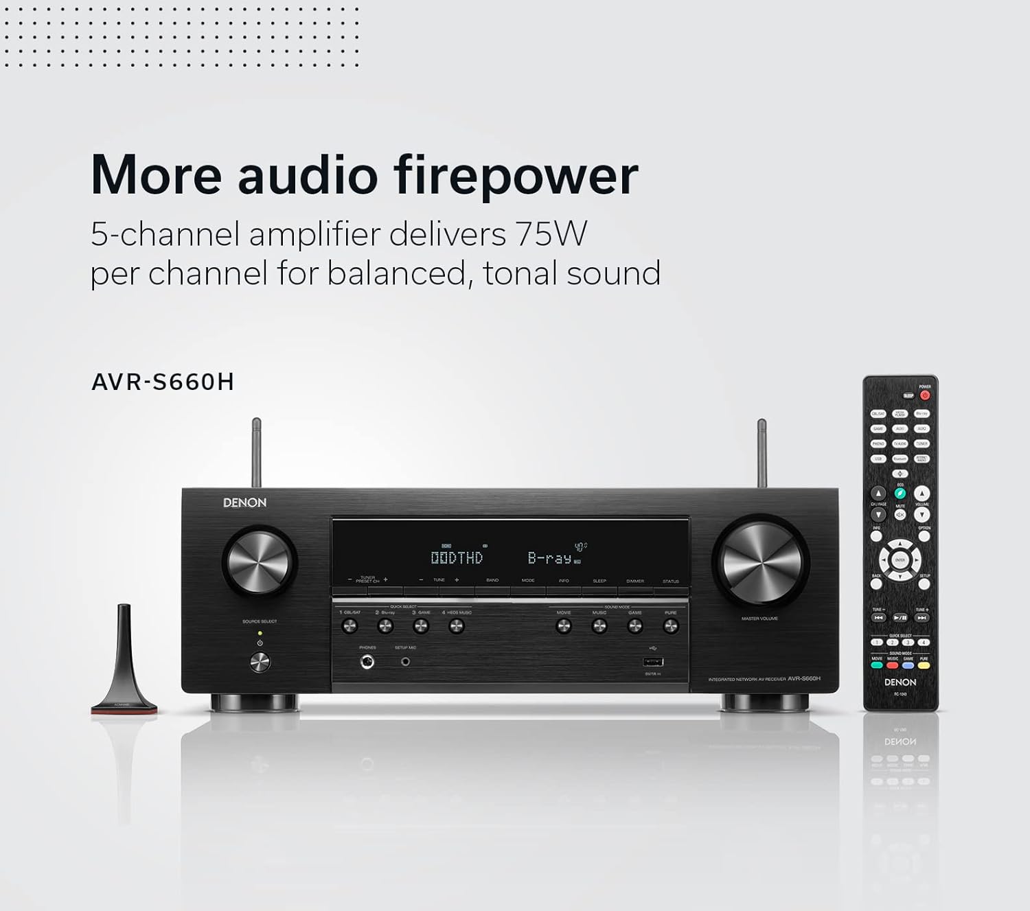 Denon AVR-S660H 5.2 Ch AVR - 75 W/Ch, Advanced 8K Upscaling, 3D Audio - Dolby TrueHD, DTS:HD Master & More, Wireless, Built-in HEOS, Alexa, Receiver