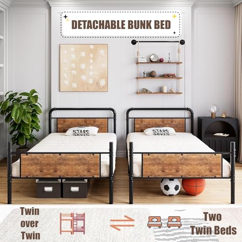 IDEALHOUSE Metal Bunk Bed Twin Over Twin, Twin Bunk Beds, Heavy Duty Twin Size Metal Bunk Bed with High Guardrail & Ladders, Convertible Bunk Beds for Kids Adults, No Box Spring Needed