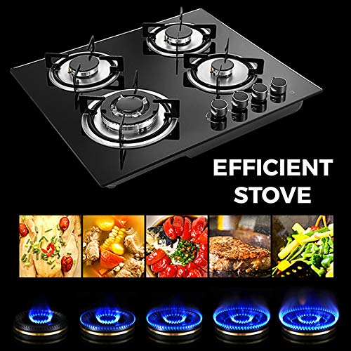 Gas Cooktop with 3 Burners, Countertop Gas Cooktop, Black Tempered Glass Panel Built-in LPG Gas Hob Cooktop, Gas Stove Hob for RV Camper Caravan Outdoor Apartments
