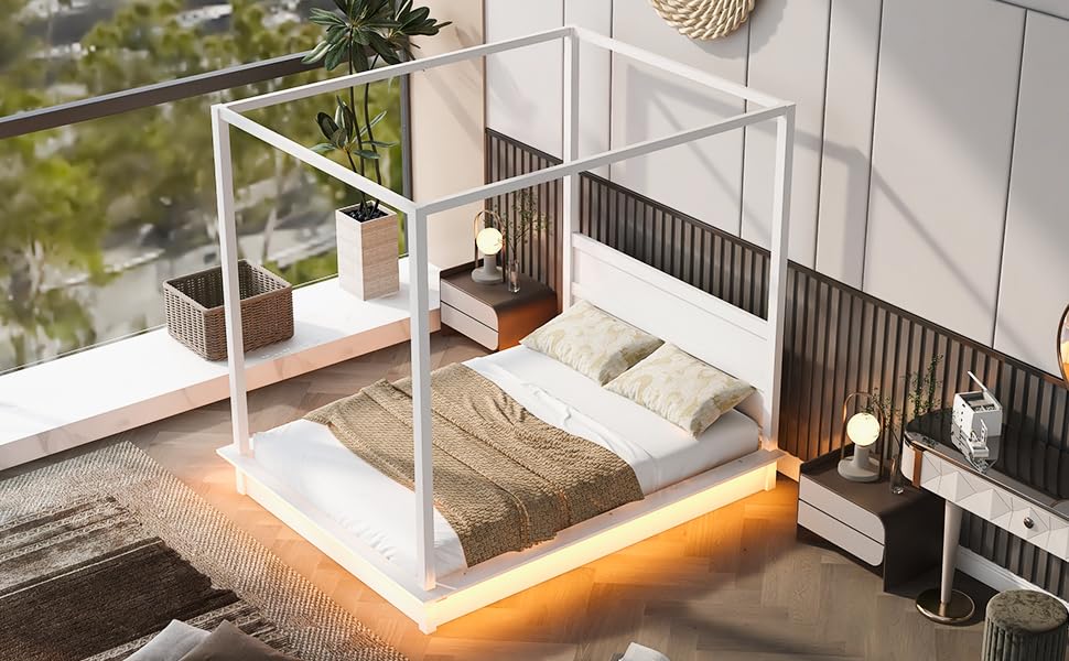 Bellemave Canopy Bed Frame Wood Four Posters Twin/Full/Queen/King LED Platform Bed with Built-in Headboard Strong Wooden Slat Support, No Box Spring Needed,White (Full)