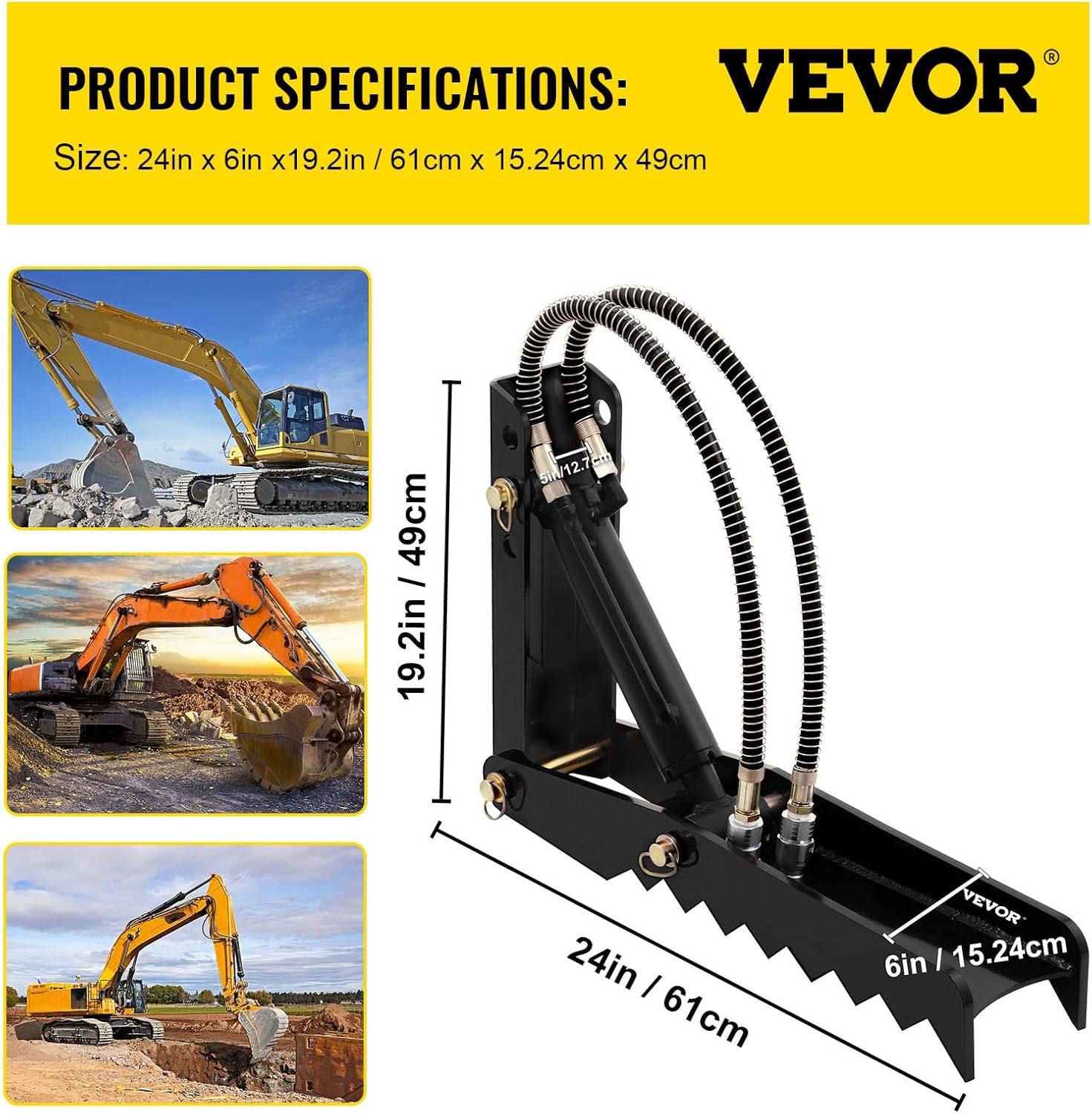 Mophorn 24 inch Hydraulic Backhoe Excavator Thumb Attachments Weld On 1/2in Teeth Thick Steel Plate Assembly 12MM Bolt-On Design with Hydraulic Cylinder