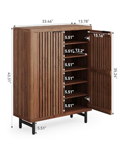 LITTLE TREE 6-Tier Shoe Cabinet with Doors for Up to 24 Pairs, Large Wooden Shoe Storage Cabinet with Adjustable Shelves, Retro Freestanding Shoe Organizer Cabinet for Entryway, Hallway, Dark Walnut