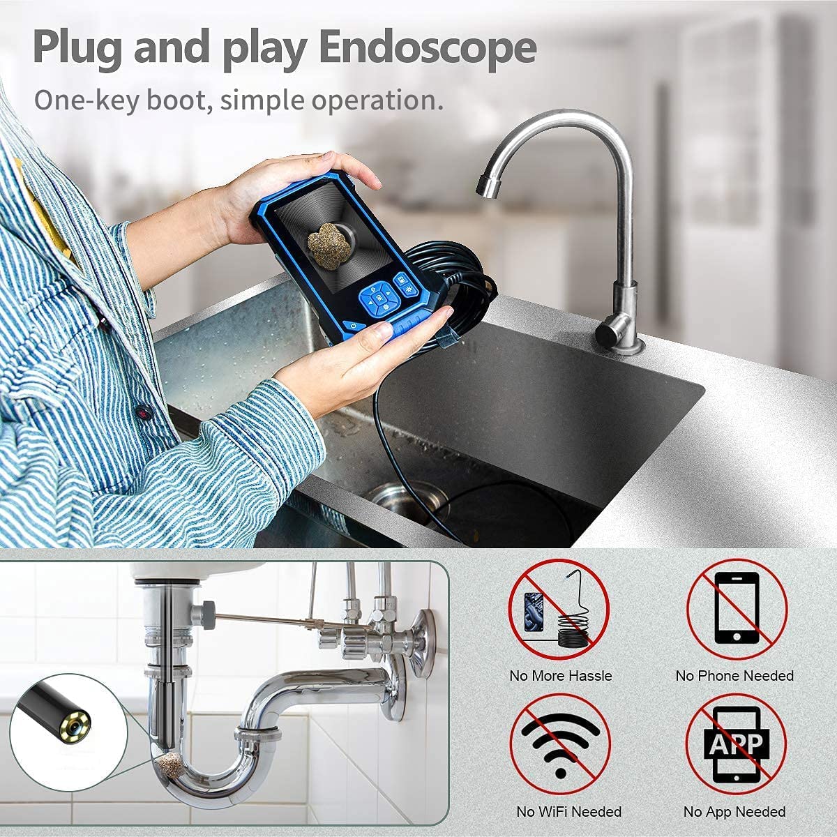 Industrial Endoscope, SKYBASIC Borescope Snake Camera with 32GB Card, IP67 Waterproof Sewer Inspection Camera HD 4.3'' LCD Screen with 6 LED Lights, Semi-Rigid Cable, Four Helpful Tools - 16.5FT