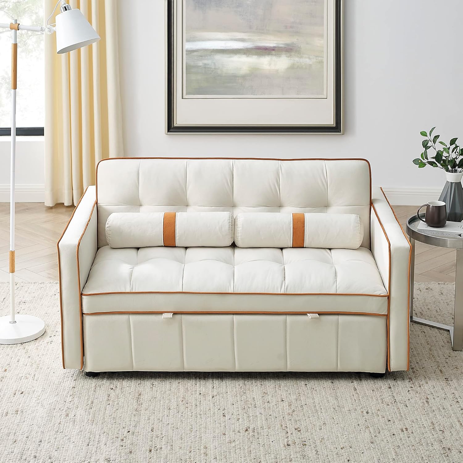 Quarte 55.5" Pull Out Sleep Sofa Bed, Modern 2 Seater Loveseats Sofa Couch with Adjsutable Backrest, Side Pockets & Lumbar Pillows, Convertible Sleeper Sofa Bed for Living Room (Beige/Loveseats)