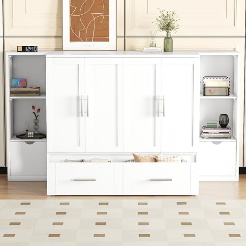 Full Size Murphy Wall Bed With Storage and Bookcase Headboard, Solid Wood Cabinets With Shelves, Drawers and USB Ports, Multi-Function Platform for Home Office, Guest Room - White
