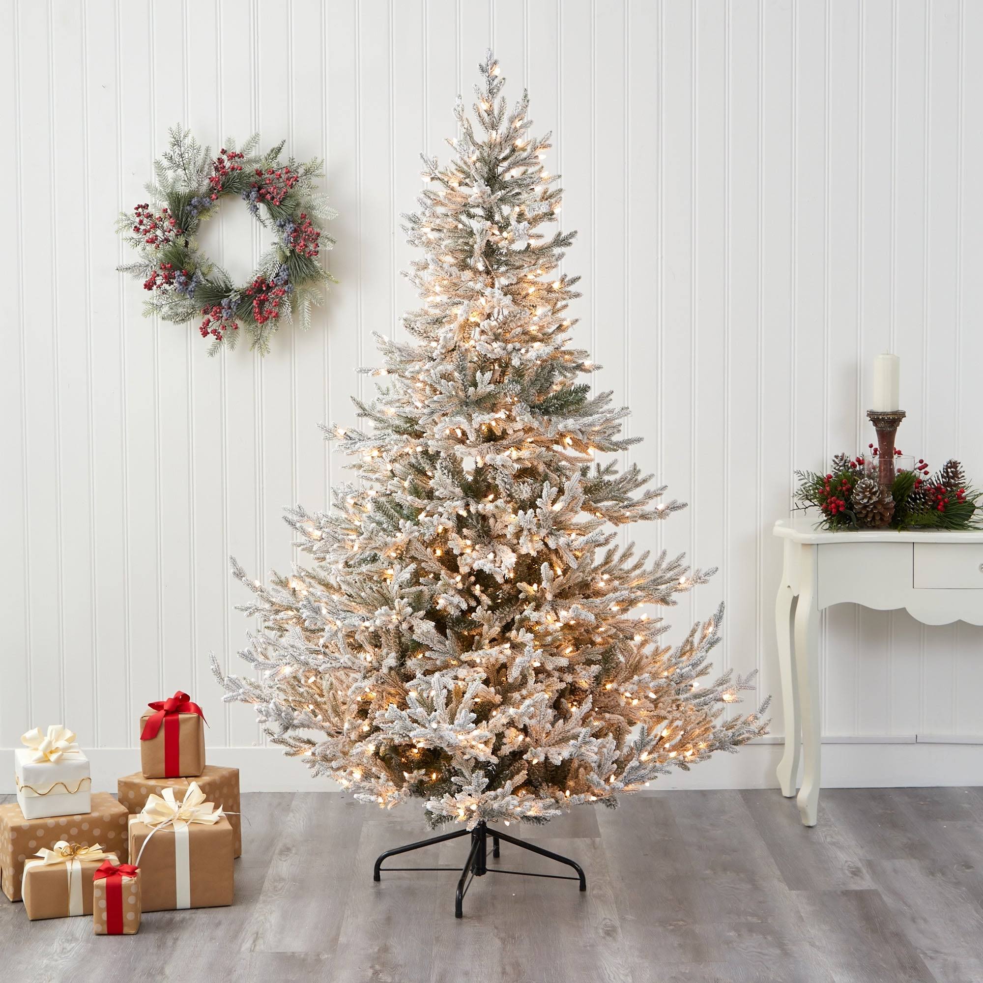 7' Flocked Fraser Fir Christmas Tree with 600 Warm White Lights - Green