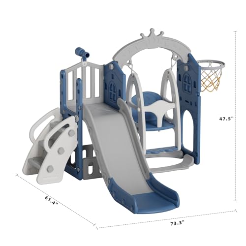 KORIMEFA 6 in 1 Toddler Slide and Swing Set for Toddler Age 1-3 Years, 4-in-1 Toddles Extra-Large Playset Playground Indoor and Outdoor Swing Slide Climber Playset w/Basketball Hoop, Gray
