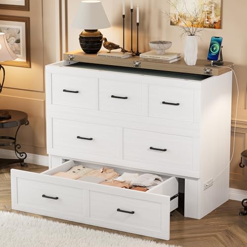 Bellemave Queen Murphy Bed, Cabinet Bed with Charging Station and Storage, Farmhouse Murphy Cabinet with Foldable Panel, Noisy Free, for Guest Bedroom, Living Room, Office, Rustic Gray