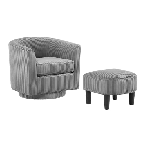 Swivel Accent Chair with Ottoman, Comfy Corduroy Barrel Chair, 360°Swivel Round Arm Chair, Reading Armchair with Footstool Set, Modern Club Sofa Chair for Bedroom, Living Room, Lounge, Office, Grey